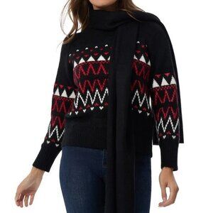 NWT Jones New York Women's Black Fair Isle Crewneck Sweater With Attached Scarf
